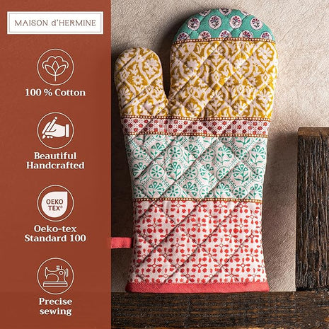 Maison d' Hermine Oven Gloves 100% Cotton Oven Mitt 7" x 13" with Loop Heat Resistant, BBQ, Cooking Gloves, Baking, Grilling, Kitchen, Handling Hot Pans Spring/Summer (Pack of 1, Provence)