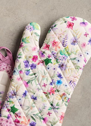 Maison d' Hermine 100% Cotton Oven Mitt & Pot Holder Set (7.5"x13" & 8"x8") Heat Resistant BBQ Cooking Gloves with Loop, Baking, Grilling, Kitchen, Handling Hot Pans Spring/Summer (Chardon)