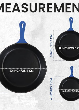 Utopia Kitchen Cast iron Skillets 3 Piece Set, Chefs Pan, Pre Seasoned Cast iron Skillets, 6, 8 & 10 Inches, Easy Use in the Oven, Stove, Grill, or Campfire, Blue