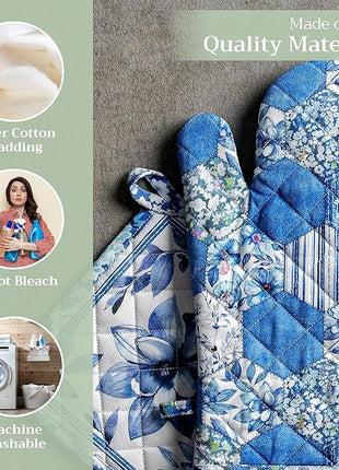 Maison d' Hermine 100% Cotton Oven Mitt & Pot Holder Set (7.5"x13" & 8"x8") Heat Resistant BBQ Cooking Gloves with Loop, Baking, Grilling, Kitchen, Handling Hot Pans Spring/Summer (Summer Blues)