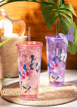 bzyoo Double Wall Tumbler with Straw and Lid Bottle Cold Drink Travel Mug Cup, 24oz (Butterfly Pink)