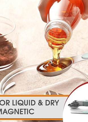 Spring Chef Stainless Steel Magnetic Measuring Spoons Set of 8 with Leveler, Metal Teaspoon & Tablespoon Measuring Spoons, Fits in Spice Jars, Kitchen Gadgets for Baking & Cooking - Set of 2 - Mint