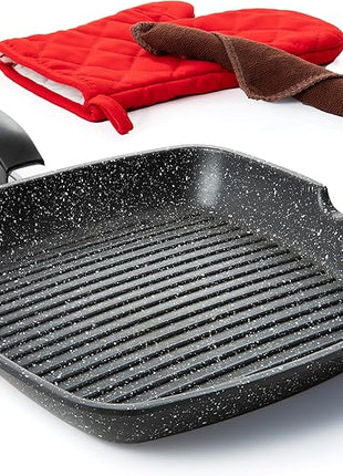 Moss & Stone Aluminum Nonstick Grill Pan for Stove Tops, Versatile Griddle Skillet with Pour Spouts, 11 Inch Square Grill Pan Big Cooking Surface, Durable Skillet For Indoor Cooking & Outdoor Grilling