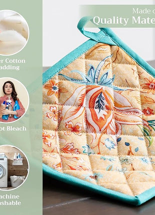 Maison d' Hermine Pot Holders 100% Cotton Heat Resistant Potholders 8" x 8" Hot Pads with Loop BBQ, Cooking, Baking, Grilling, Kitchen, Handling Hot Pans Spring/Summer (Pack of 1, Luxury Loft – Peach)