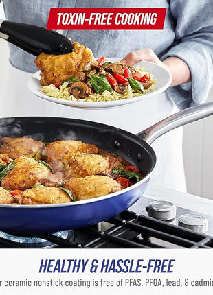 Blue Diamond 9 Piece Nonstick Cookware Set, Diamond Ceramic Pots & Pans, Dishwasher & Metal Utensil Safe, Non Toxic PFAS-Free, Kitchen Cooking Sauce & Saute Pans, Oven & Broiler to 600F, Blue