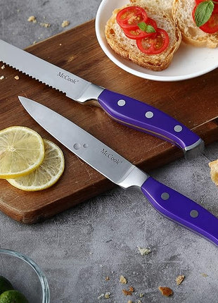 McCook MC27 14 Pieces Stainless Steel kitchen knife set with Wooden Block, Kitchen Scissors and Built-in Sharpener, Purple