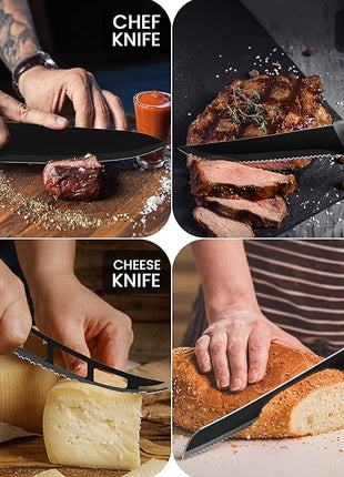 LDC Kitchen Black Knife Set - Stainless Steel, Dishwasher Safe Ergonomic Knives Set with Anti-Slip Handles - Ultra-Sharp Blades - Kitchen Essential Knives - 7 Piece Set