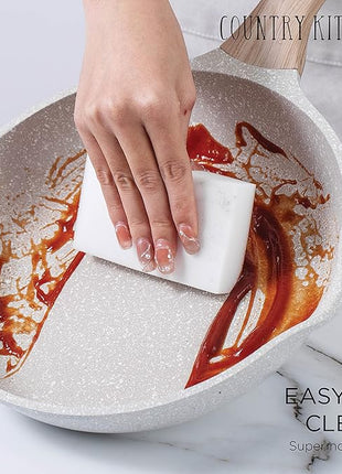 Country Kitchen Non-Stick Cast Aluminum Cookware Set - Durable Kitchen Cookware for Everyday Cooking, Speckled Cream, 8 Pc.