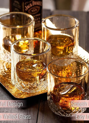 BTaT- Double Wall Whiskey Glasses, Set of 4, Bourbon, Cocktail, Scotch, Old Fashioned, Rocks, Crystal, Vodka, Drinking