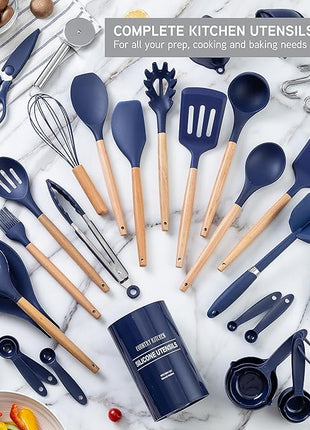 Country Kitchen Non Stick Silicone Utensil Set with Rounded Wood Handles for Cooking and Baking, 38 Piece Set, Navy