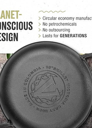 Victoria Cast Iron Round Skillet with Double Loop Handles, Made in Colombia, 10 Inches