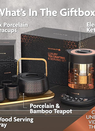 Vianté Luxury Tea Set. Electric Kettle with Infuser for Loose Leaf And Ceramic Serving Set. Teapot and Cup Set with Wooden Tray. Excellent Gift Idea For Tea Lovers.