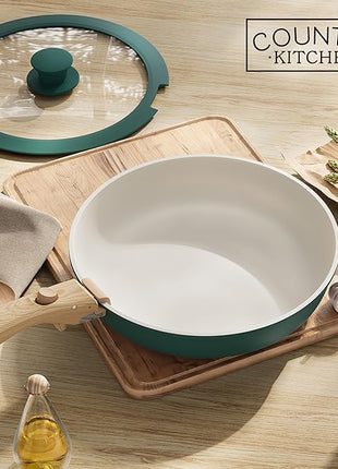 Country Kitchen Cookware Set with Removable Handle, Oven & RV Safe Pots and Pans Set, Sage Wood Handle, Original