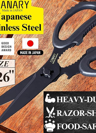 CANARY Japanese Kitchen Scissors All Purpose Heavy Duty 8.2" Matte Black, Made in JAPAN, Dishwasher Safe Come Apart Blade, Multipurpose Kitchen Shears, Sharp Serrated Japanese Stainless Steel Blade