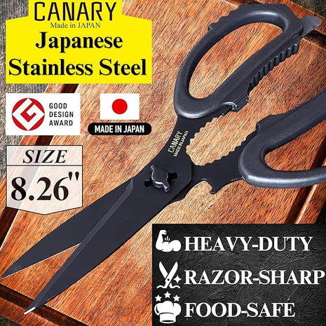 CANARY Japanese Kitchen Scissors All Purpose Heavy Duty 8.2" Matte Black, Made in JAPAN, Dishwasher Safe Come Apart Blade, Multipurpose Kitchen Shears, Sharp Serrated Japanese Stainless Steel Blade