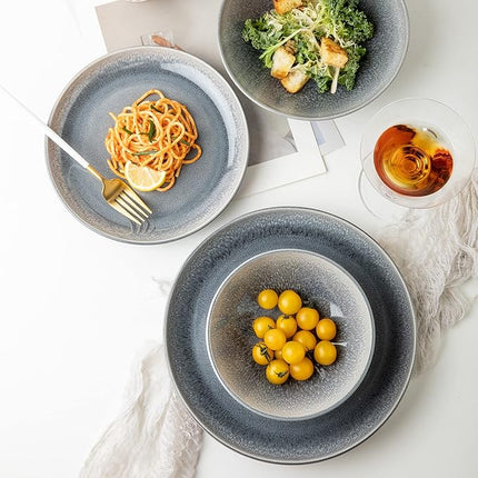 FAIT Round Stoneware 16pc Dinnerware Set for 4, Dinner Plates, Side Plates, Cereal Bowls, Mugs - Reactive Glaze Grey (448158)