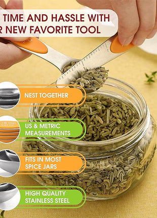 Spring Chef Stainless Steel Magnetic Measuring Spoons Set of 8 with Leveler, Dual Sided Metal Teaspoon & Tablespoon Measuring Spoons, Kitchen Gadgets for Baking & Cooking, Fits in Spice Jars - Mango