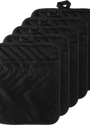 GROBRO7 5Pack Cotton Pocket Pot Holder Set Kitchen Heat Resistant Potholder Machine Washable Hot Pads Bulk Oven Mitts Black Plain Hot Pads Trivet for Baking Cooking with Pocket 7x9
