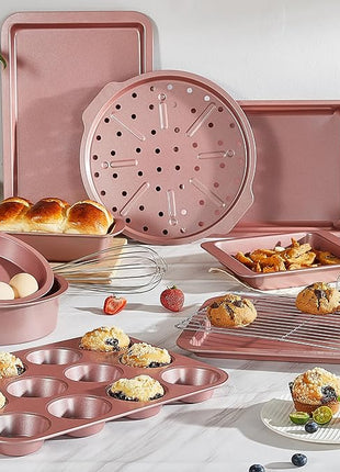 HONGBAKE Bakeware Sets, Baking Pans Set, Nonstick Oven Pan for Kitchen with Wider Grips, 10-Piece Including Rack, Cookie Sheet, Cake Pans, Loaf Pan, Muffin Pan, Pizza Pan - Pink