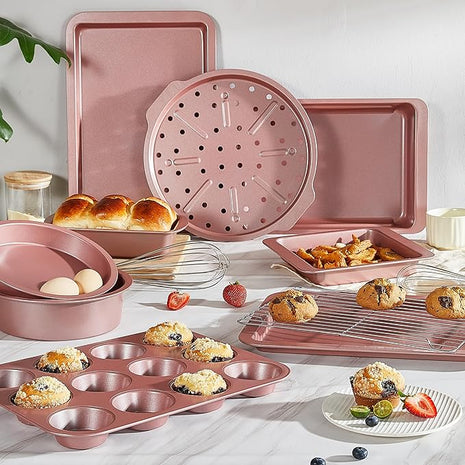 HONGBAKE Bakeware Sets, Baking Pans Set, Nonstick Oven Pan for Kitchen with Wider Grips, 10-Piece Including Rack, Cookie Sheet, Cake Pans, Loaf Pan, Muffin Pan, Pizza Pan - Pink