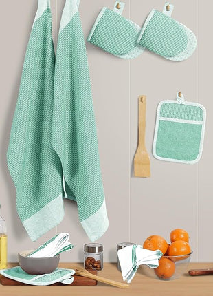 Casa Platino Potholders & Oven Mitts Heat Resistant, 8-Piece Mini Oven Mitts with Silicone Grip, Potholders for Kitchens, 2 Kitchen Towels & 2 Dish Cloths – Durable & Non-Slip – Sage