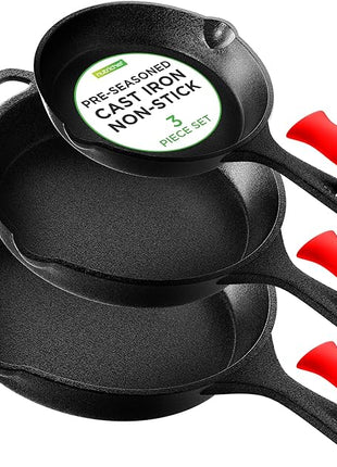 NutriChef 3pc Cast Iron Skillet Set - Nonstick Pans with Drip Spout, Silicone Handles, For All Cooktops