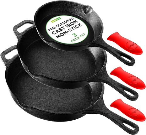 NutriChef 3pc Cast Iron Skillet Set - Nonstick Pans with Drip Spout, Silicone Handles, For All Cooktops