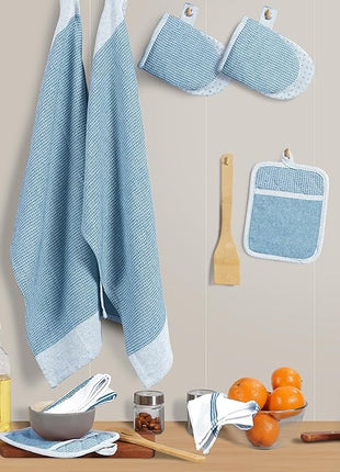 Casa Platino Silicone Oven Mitts Set, 8-Piece – 500°F Heat Resistant Mini Oven Mitt Set, Potholders for Kitchens, 2 Kitchen Towels & 2 Dish Cloths – Durable, Non-Slip & Machine Washable – Cornflower