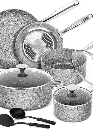 MICHELANGELO Pots and Pans Set 10 Piece, Cookware Set with Granite Coatings for Super Nonstick Result Essential Stone Cookware Sets with Utensil Set, Induction Compatible, PFOA Free