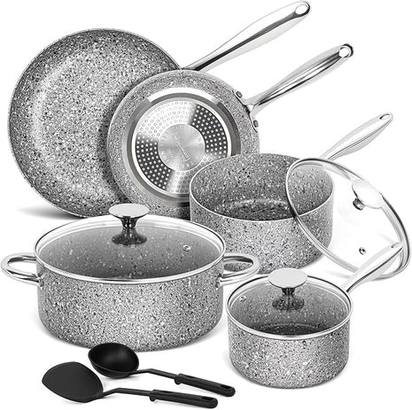MICHELANGELO Pots and Pans Set 10 Piece, Cookware Set with Granite Coatings for Super Nonstick Result Essential Stone Cookware Sets with Utensil Set, Induction Compatible, PFOA Free