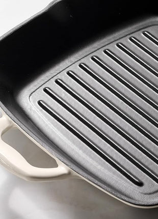 Tramontina Bestow Enameled Cast Iron Grill Pan with Press, 11-inch, Latte with Gold Knob