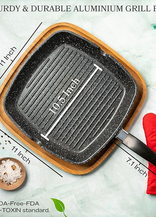 Moss & Stone Aluminum Nonstick Grill Pan for Stove Tops, Versatile Griddle Skillet with Pour Spouts, 11 Inch Square Grill Pan Big Cooking Surface, Durable Skillet For Indoor Cooking & Outdoor Grilling