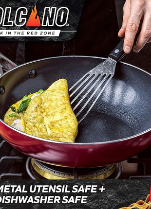 Textured Ceramic Nonstick, 11" Flat Bottom Wok Stir-Fry Pan with Lid for High Heat Cooking, Oven & Broiler Safe to 600 Degrees, Dishwasher Safe, PFAS PFOA & PTFE Free, Red