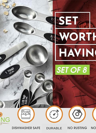 Spring Chef Stainless Steel Magnetic Measuring Spoons Set with Strong N45 Magnets, Heavy Duty Metal Kitchen Gadgets for Baking & Cooking, Fits in Most Kitchen Spice Jars, Set of 8 with Leveler, Black