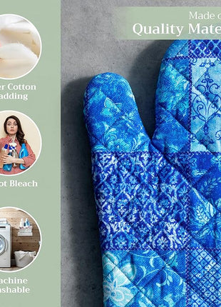 Maison d' Hermine Oven Gloves 100% Cotton Oven Mitt 7" x 13" with Loop Heat Resistant, BBQ, Cooking Gloves, Baking, Grilling, Kitchen, Handling Hot Pans Spring/Summer (Pack of 1, Indigo Love)