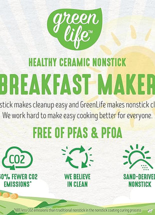 GreenLife 3-in-1 Breakfast Maker Station, Healthy Ceramic Nonstick Dual Griddles for Eggs Meat Sausage Bacon Pancakes and Breakfast Sandwiches, 2 Slice Toast Drawer, Easy-to-use Timer, White