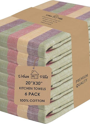 Urban Villa Kitchen Towels Harvest Stripes Dish Towels Set of 6 20" X30” 100% Cotton Highly Absorbent Quick Drying Dish Cloths & Dish Towels Thanksgiving Fall Tea Towels with Hanging Loop Towels
