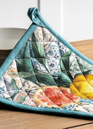 Maison d' Hermine 100% Cotton Oven Mitt & Pot Holder Set (7.5"x13" & 8"x8") Heat Resistant BBQ Cooking Gloves with Loop, Baking, Grilling, Kitchen, Handling Hot Pans Spring/Summer (Agrume)