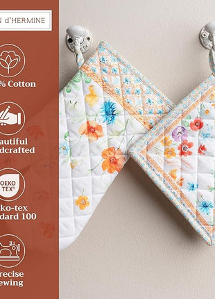 Maison d' Hermine 100% Cotton Oven Mitt & Pot Holder Set (7.5"x13" & 8"x8") Heat Resistant BBQ Cooking Gloves with Loop, Baking, Grilling, Kitchen, Handling Hot Pans Spring/Summer (Summer Whisper)