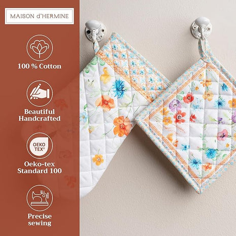Maison d' Hermine 100% Cotton Oven Mitt & Pot Holder Set (7.5"x13" & 8"x8") Heat Resistant BBQ Cooking Gloves with Loop, Baking, Grilling, Kitchen, Handling Hot Pans Spring/Summer (Summer Whisper)