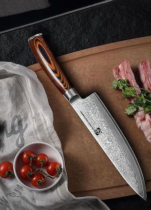 Damascus Chef Knife 8'' Professional 67-Layer VG10 Steel Core with Pakka Wood Handle, Ultra Sharp HRC 62 Kitchen Knife for Chopping Cutting Carving Gift Box for Kitchen Restaurant