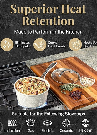 Gotham Steel Hammered 15Pcs Ceramic Cookware Set Nonstick, Induction Pots and Pans Set Non Stick with Bakeware Set & Steamer for Cooking, Non Toxic PFOA PFOS Free, Oven & Dishwasher Safe, Cream White