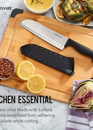 Farberware Edgekeeper 7-Inch Santoku Knife with Self-Sharpening Blade Cover, High Carbon-Stainless Steel Kitchen Knife with Ergonomic Handle, Razor-Sharp Knife, Black