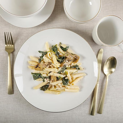 Gibson Home Ogalla 30 Piece Plates, Bowls, & Mugs Dinnerware Set - Service for 6 - White Porcelain W/Gold Band