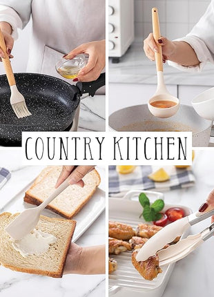 Country Kitchen Non Stick Silicone Utensil Set with Rounded Wood Handles for Cooking and Baking, 38 Piece Set, Khaki