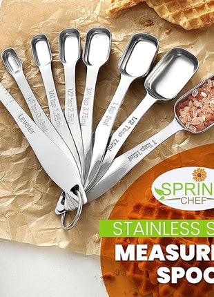 Spring Chef Stainless Steel Measuring Spoons Set of 8 with Leveler, Metal Teaspoon & Tablespoon Measuring Spoons for Dry & Liquid Ingredients, Fits in Spice Jars - Kitchen Gadgets For Baking & Cooking