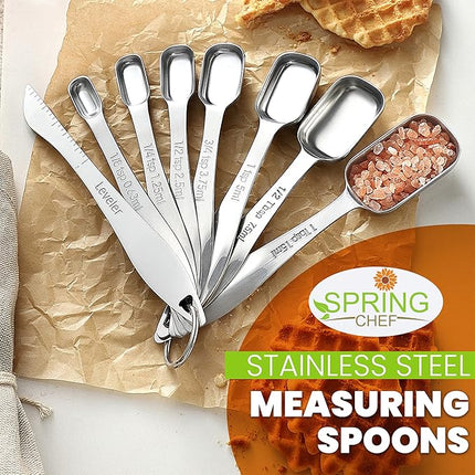 Spring Chef Stainless Steel Measuring Spoons Set of 8 with Leveler, Metal Teaspoon & Tablespoon Measuring Spoons for Dry & Liquid Ingredients, Fits in Spice Jars - Kitchen Gadgets For Baking & Cooking