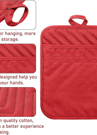 GROBRO7 5Pack Pocket Pot Holders Cotton Heat Resistant Potholder Multipurpose Hot Pads Machine Washable Oven Mitts Potholders Bulk for Daily Kitchen Baking and Cooking 7 x 9 Inch Red