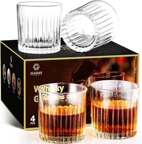 GLASKEY Whiskey Glasses Set of 4,Lead-Free Crystal Old Fashioned Glass,300ml Rocks Glass Tumblers for Drinking Bourbon,Cognac,Irish Whisky,Whiskey Gifts for Men