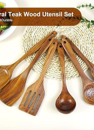 FJNATINH 6 PCS Teak Wooden Cooking Kitchen Utensils Set, Large Wooden Spoons for Cooking Mixing Baking, Non-stick Kitchen Utensils Set Gifts for Women Housewarming Gifts